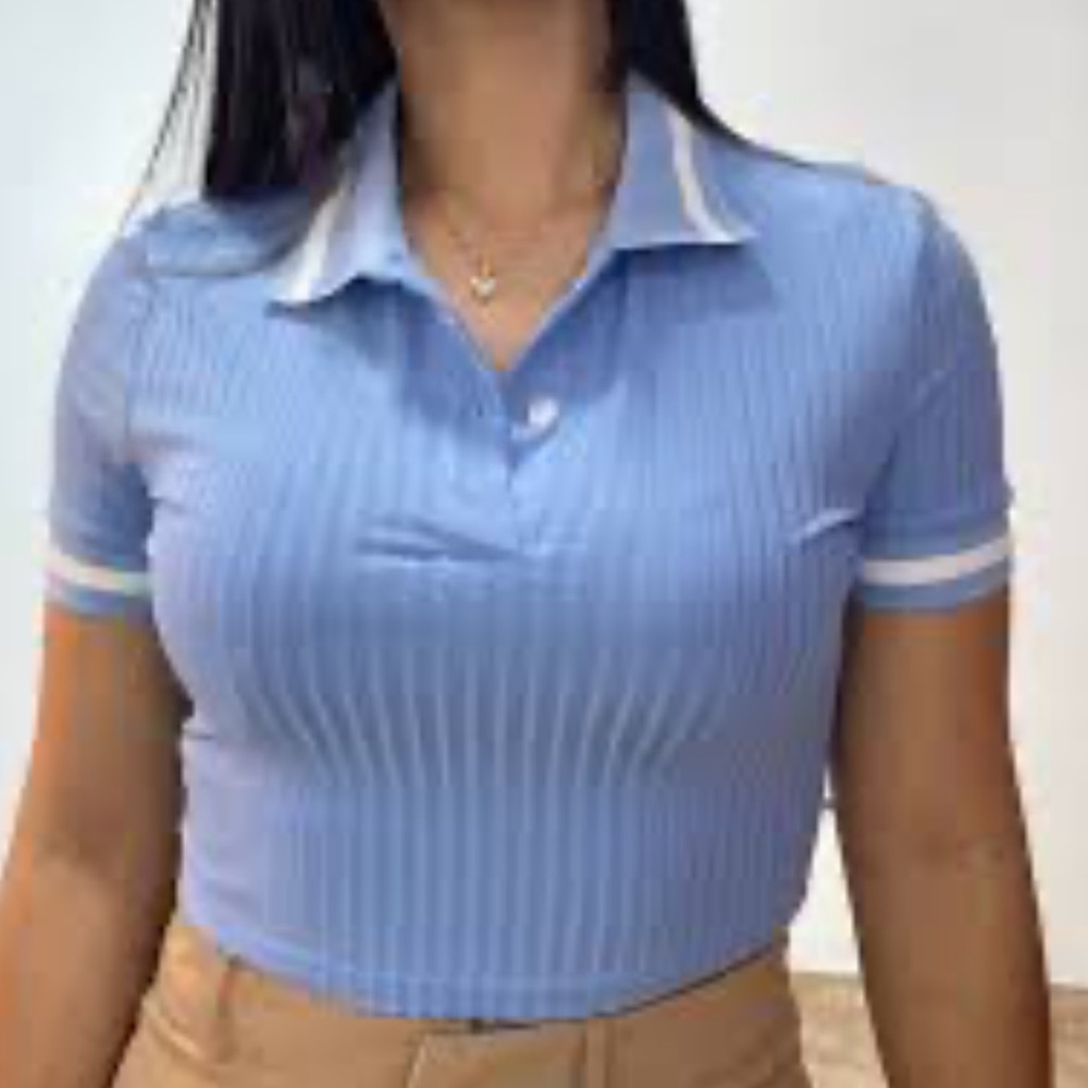 SHEIN Cropped Tank Top Contrast Trim Textired Striped Light Blue Size Medium